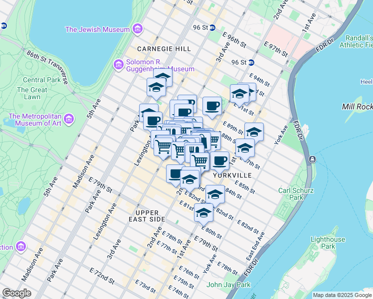 map of restaurants, bars, coffee shops, grocery stores, and more near 223 East 85th Street in New York