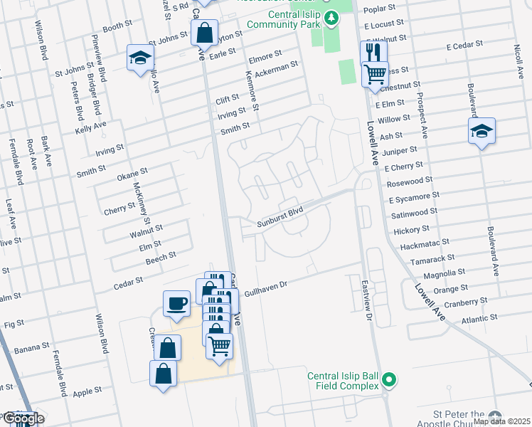 map of restaurants, bars, coffee shops, grocery stores, and more near 3 Sunburst Terrace in Central Islip