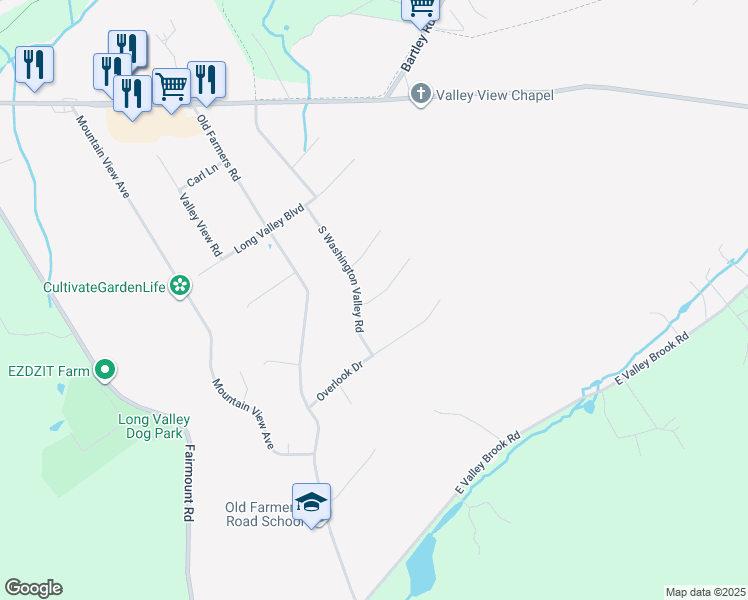 map of restaurants, bars, coffee shops, grocery stores, and more near 16 South Washington Valley Road in Long Valley