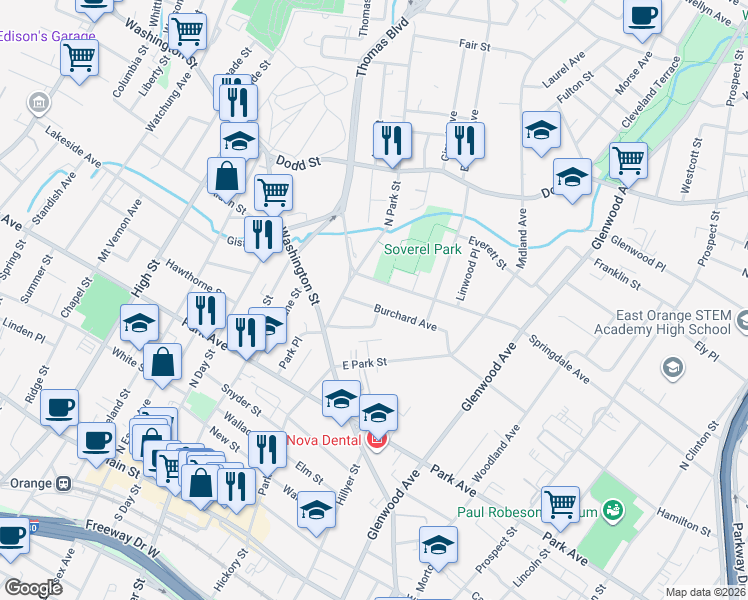 map of restaurants, bars, coffee shops, grocery stores, and more near 99 Burchard Avenue in East Orange