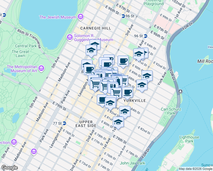 map of restaurants, bars, coffee shops, grocery stores, and more near 229 East 85th Street in New York