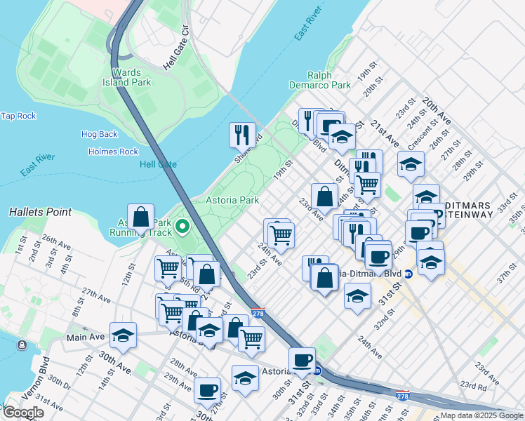 map of restaurants, bars, coffee shops, grocery stores, and more near 19-16 23rd Drive in Queens