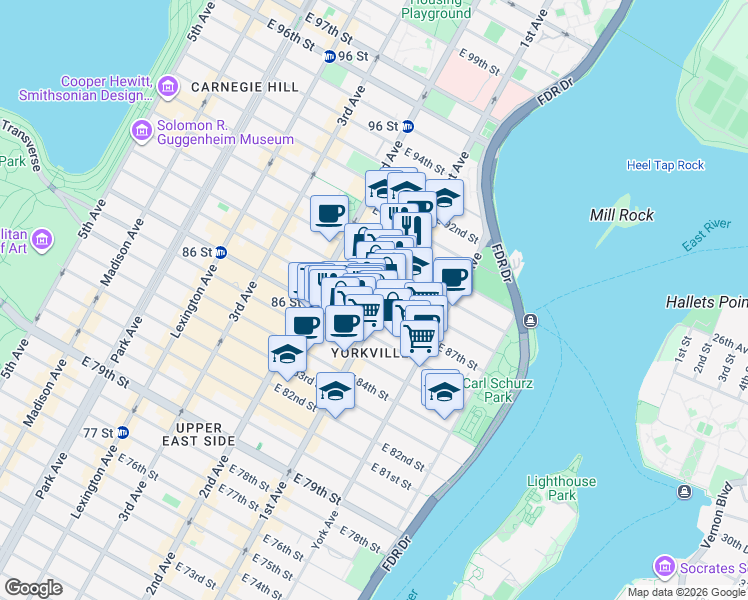 map of restaurants, bars, coffee shops, grocery stores, and more near 1689 1st Avenue in New York