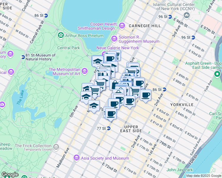 map of restaurants, bars, coffee shops, grocery stores, and more near 960 Park Avenue in New York