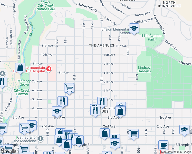 map of restaurants, bars, coffee shops, grocery stores, and more near 555 7th Avenue in Salt Lake City