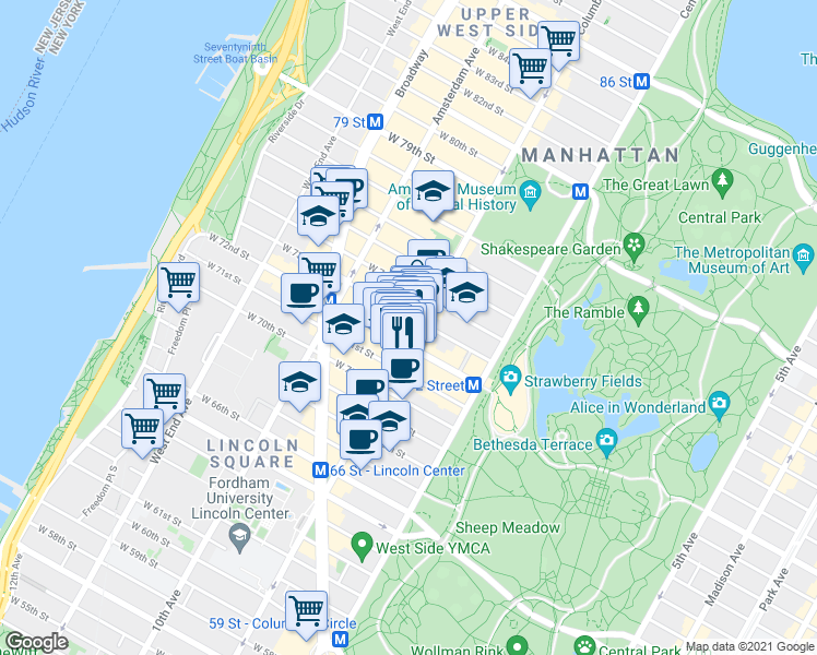 map of restaurants, bars, coffee shops, grocery stores, and more near 100 West 73rd Street in New York