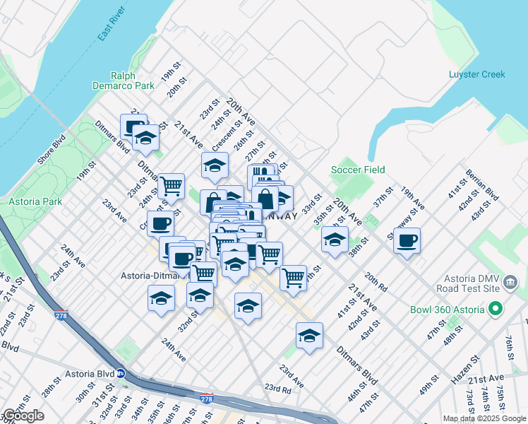 map of restaurants, bars, coffee shops, grocery stores, and more near 21-38 31st Street in Queens