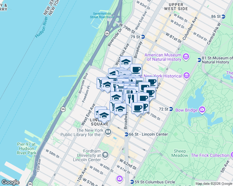 map of restaurants, bars, coffee shops, grocery stores, and more near in New York