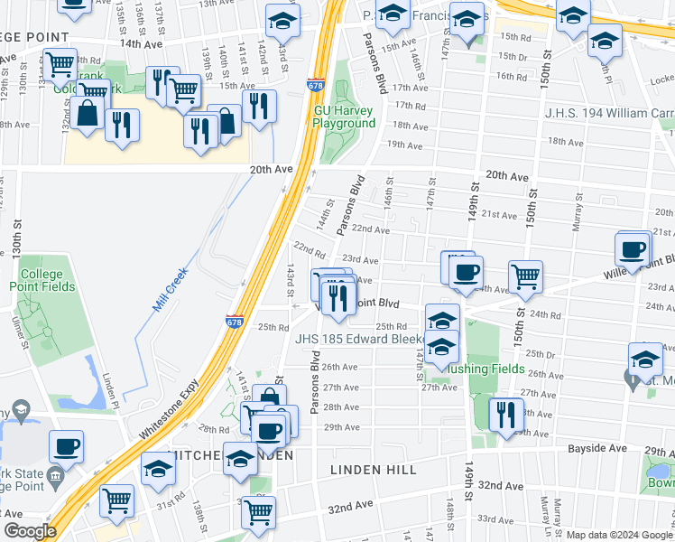 map of restaurants, bars, coffee shops, grocery stores, and more near 2315 Parsons Boulevard in Queens