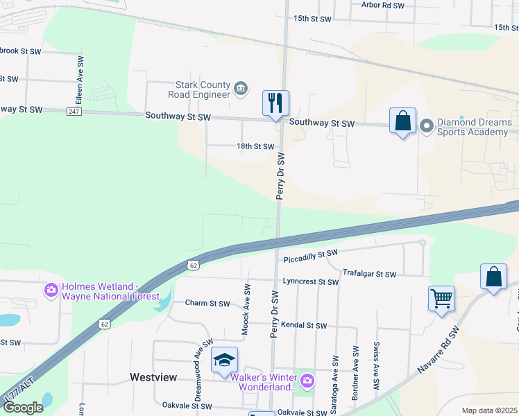 map of restaurants, bars, coffee shops, grocery stores, and more near 5129 21st Street Southwest in Canton