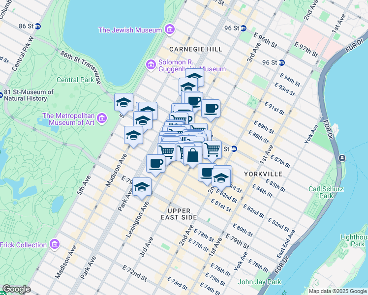 map of restaurants, bars, coffee shops, grocery stores, and more near 1470 3rd Avenue in New York