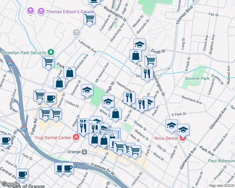 map of restaurants, bars, coffee shops, grocery stores, and more near 365 Park Avenue in City of Orange