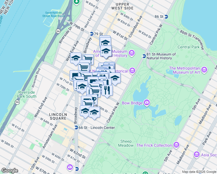 map of restaurants, bars, coffee shops, grocery stores, and more near 24 West 73rd Street in New York