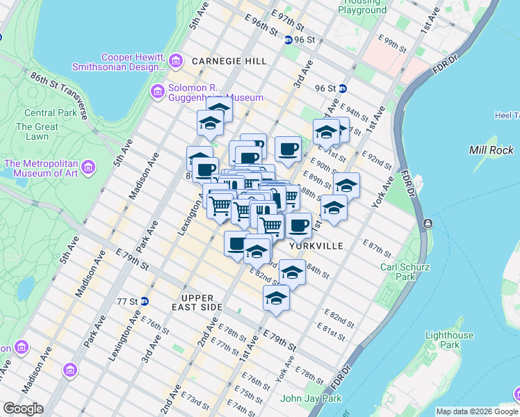 map of restaurants, bars, coffee shops, grocery stores, and more near 240 East 86th Street in New York