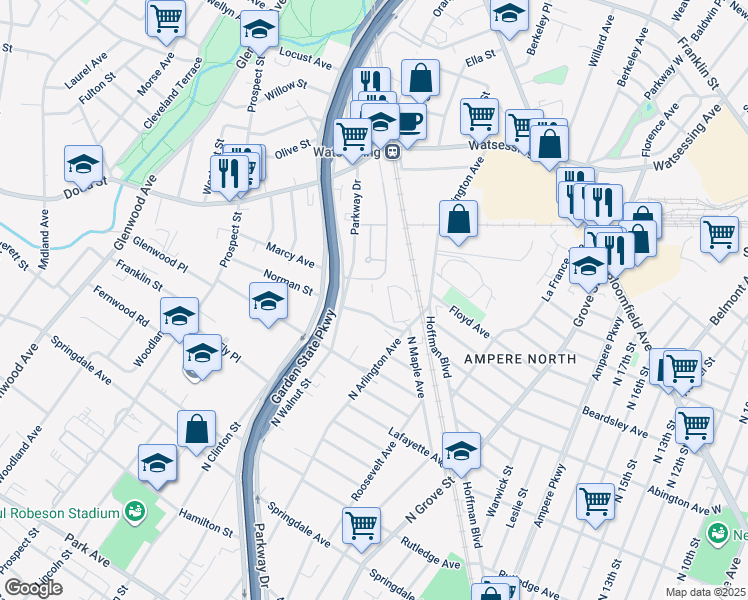 map of restaurants, bars, coffee shops, grocery stores, and more near 500 North Walnut Street in East Orange