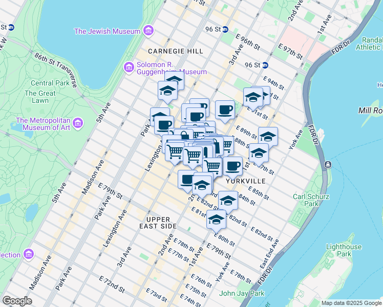 map of restaurants, bars, coffee shops, grocery stores, and more near 229 East 85th Street in New York