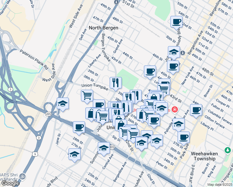 map of restaurants, bars, coffee shops, grocery stores, and more near 3812 Bergen Turnpike in Union City