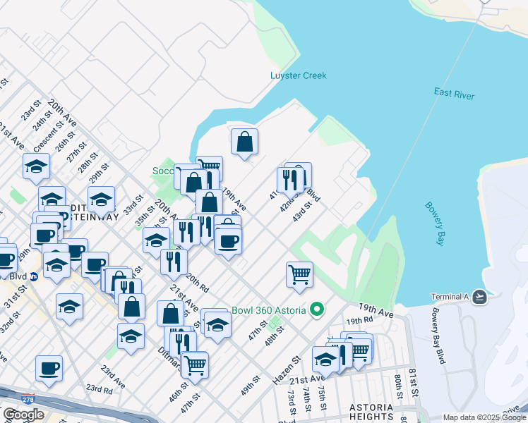 map of restaurants, bars, coffee shops, grocery stores, and more near 18-75 42nd Street in Queens