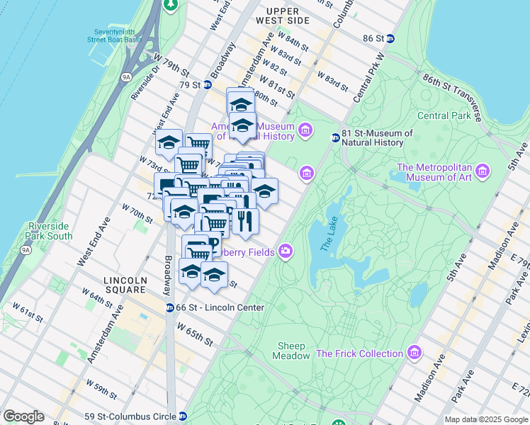 map of restaurants, bars, coffee shops, grocery stores, and more near 28 West 74th Street in New York