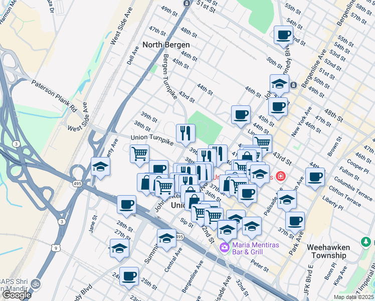 map of restaurants, bars, coffee shops, grocery stores, and more near 646 38th Street in Union City