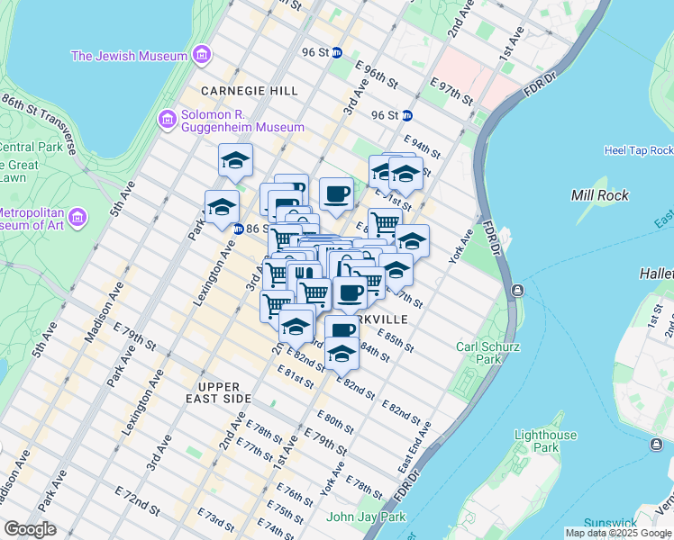 map of restaurants, bars, coffee shops, grocery stores, and more near 305 East 86th Street in New York