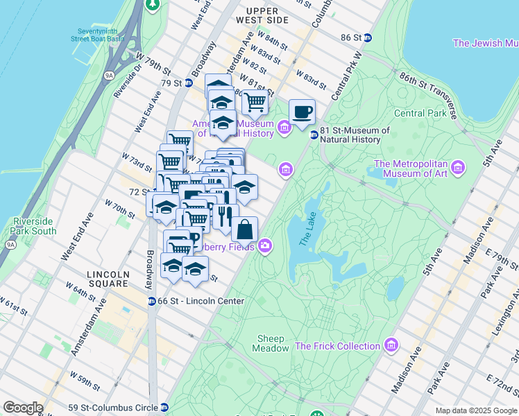 map of restaurants, bars, coffee shops, grocery stores, and more near 9 West 74th Street in New York