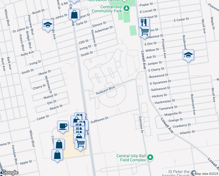 map of restaurants, bars, coffee shops, grocery stores, and more near Sunburst Boulevard in Central Islip