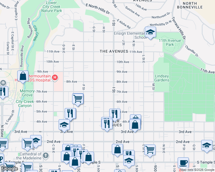 map of restaurants, bars, coffee shops, grocery stores, and more near 555 7th Avenue in Salt Lake City