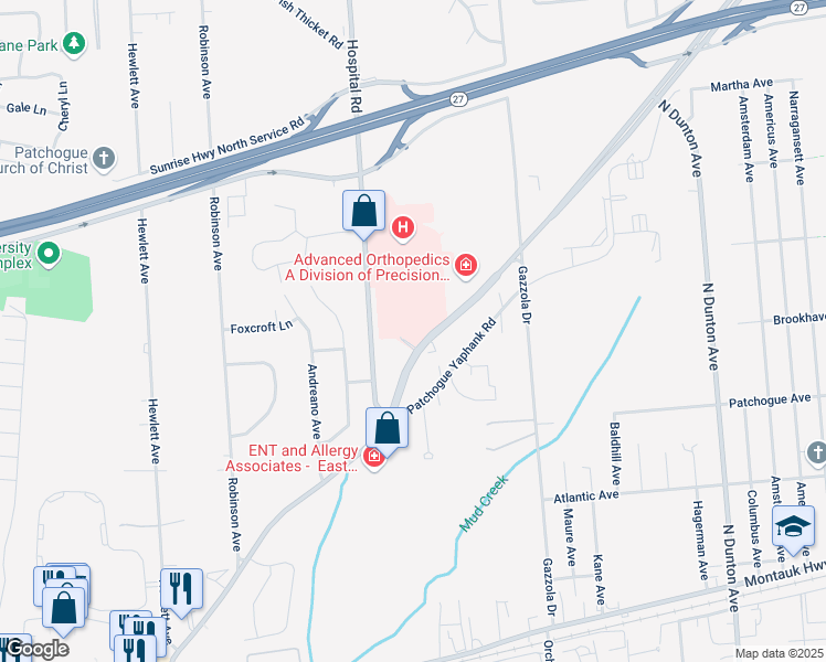 map of restaurants, bars, coffee shops, grocery stores, and more near 264 East Patchogue Yaphank Road in East Patchogue