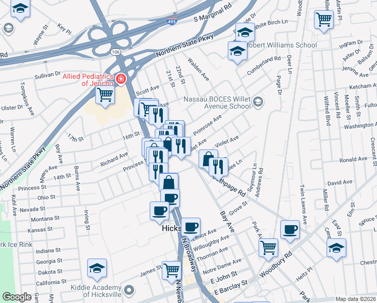 map of restaurants, bars, coffee shops, grocery stores, and more near 147 Bethpage Road in Hicksville