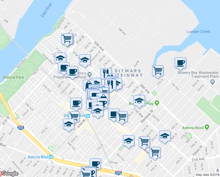 map of restaurants, bars, coffee shops, grocery stores, and more near 21-38 31st Street in Queens