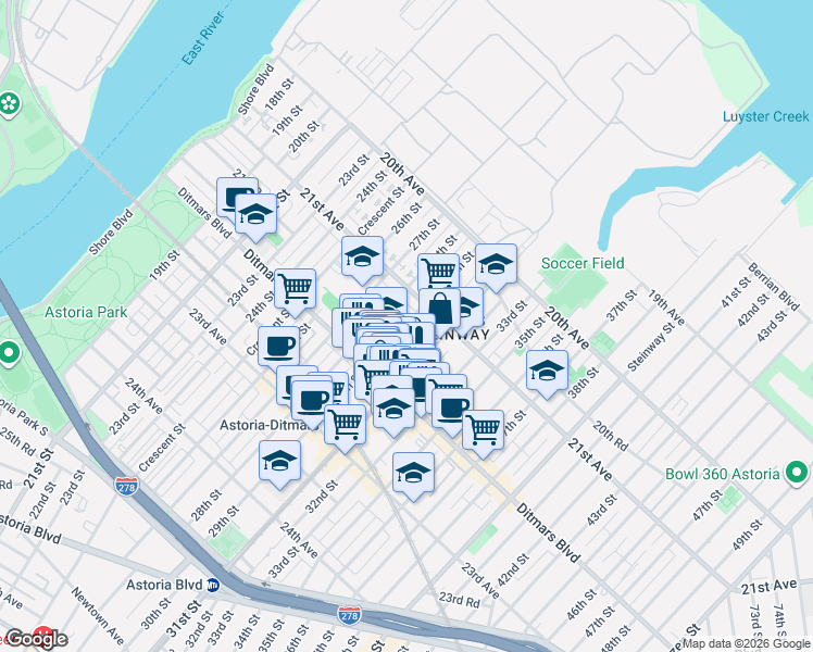 map of restaurants, bars, coffee shops, grocery stores, and more near 21-38 31st Street in Queens