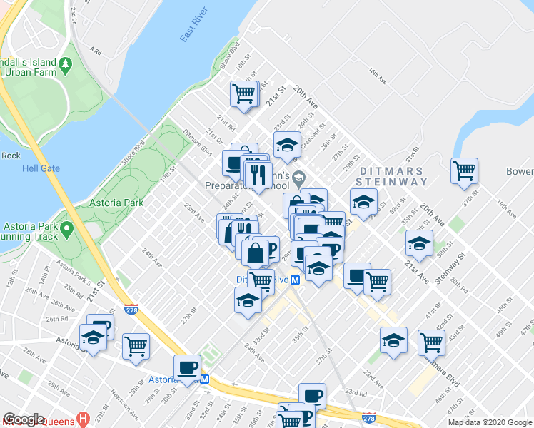 map of restaurants, bars, coffee shops, grocery stores, and more near 22-37 27th Street in Queens