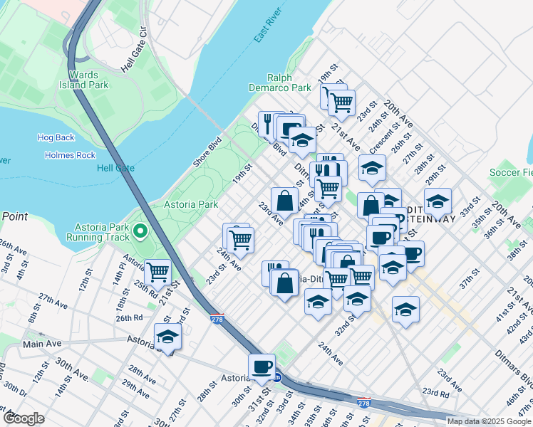 map of restaurants, bars, coffee shops, grocery stores, and more near 23-17 23rd Street in Queens