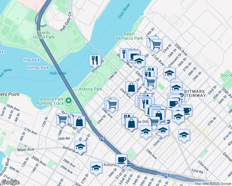 map of restaurants, bars, coffee shops, grocery stores, and more near 23-45 21st Street in Queens