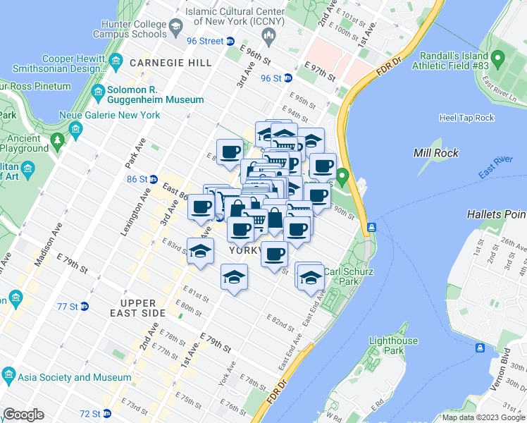 map of restaurants, bars, coffee shops, grocery stores, and more near 1689 1st Avenue in New York