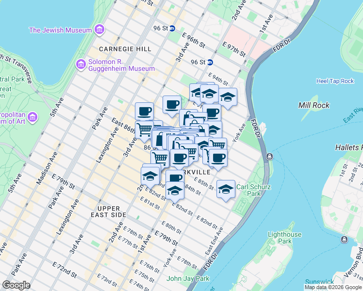 map of restaurants, bars, coffee shops, grocery stores, and more near 1661 1st Avenue in New York