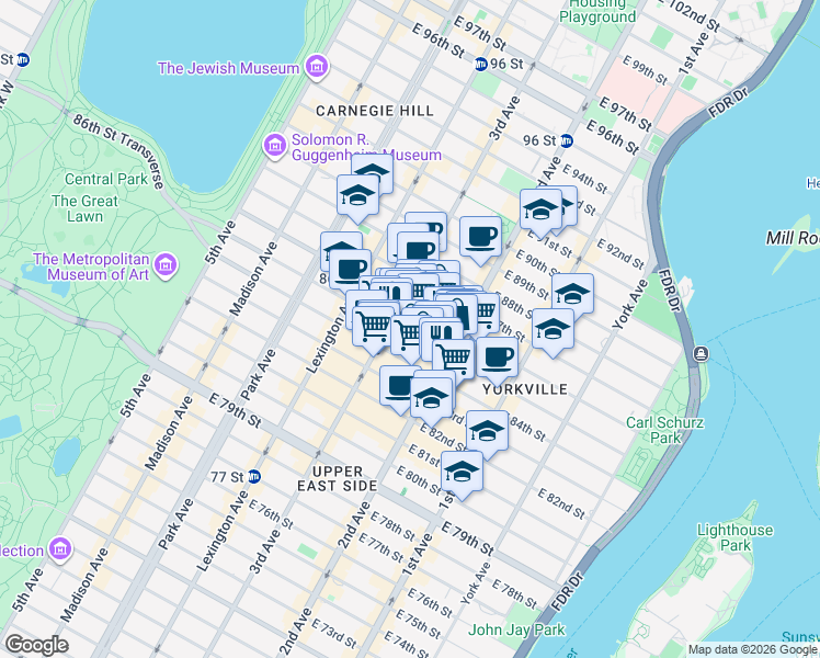 map of restaurants, bars, coffee shops, grocery stores, and more near 229 East 85th Street in New York