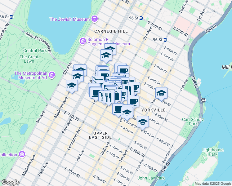 map of restaurants, bars, coffee shops, grocery stores, and more near 1517 3rd Avenue in New York