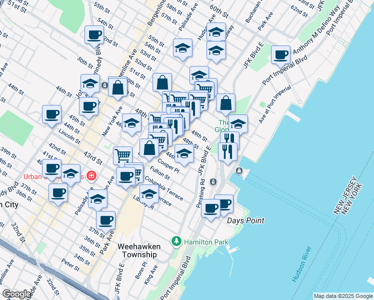map of restaurants, bars, coffee shops, grocery stores, and more near 16 47th Street in Weehawken