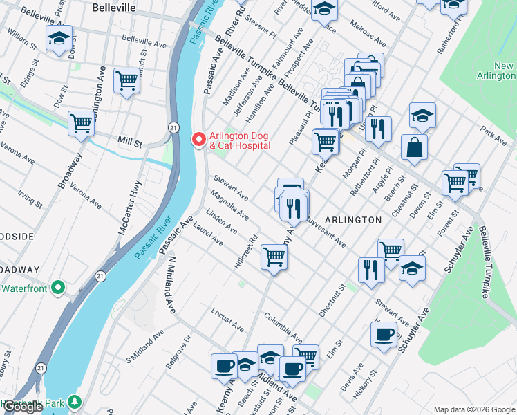 map of restaurants, bars, coffee shops, grocery stores, and more near 98 Stewart Avenue in Kearny