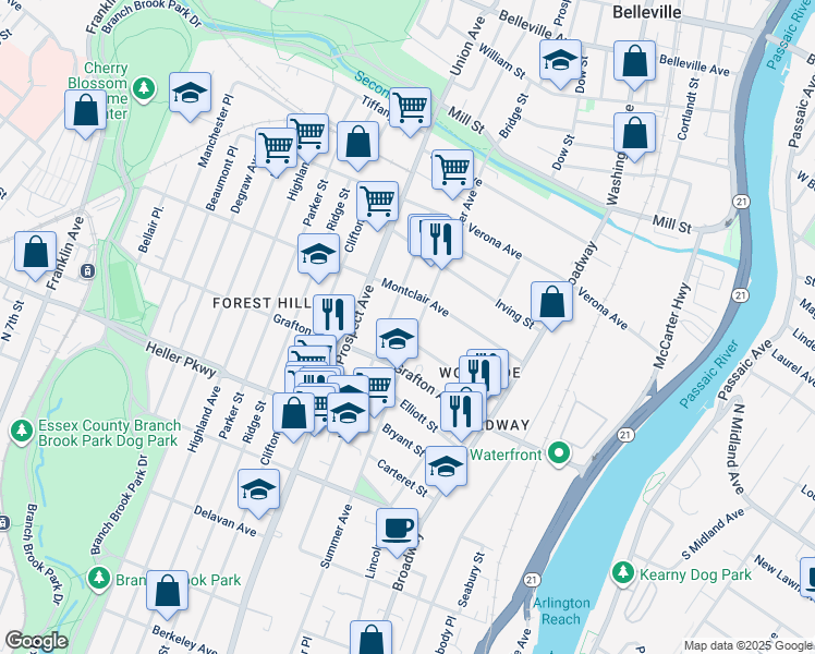map of restaurants, bars, coffee shops, grocery stores, and more near 327 Woodside Avenue in Newark