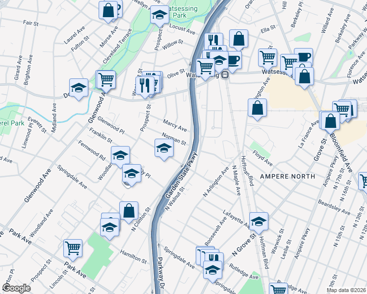 map of restaurants, bars, coffee shops, grocery stores, and more near 481 North Clinton Street in East Orange