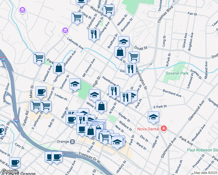 map of restaurants, bars, coffee shops, grocery stores, and more near 339 Park Avenue in City of Orange