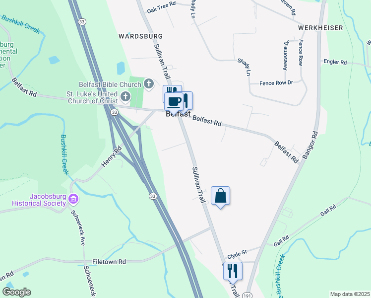 map of restaurants, bars, coffee shops, grocery stores, and more near 5835 Sullivan Trail in Nazareth