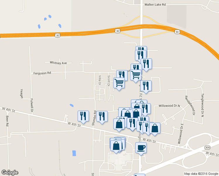 map of restaurants, bars, coffee shops, grocery stores, and more near 707 Scott Drive in Ontario