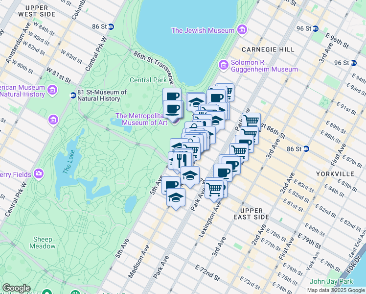 map of restaurants, bars, coffee shops, grocery stores, and more near 995 5th Avenue in New York