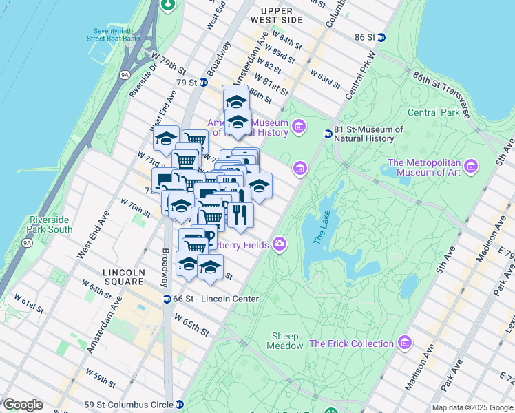 map of restaurants, bars, coffee shops, grocery stores, and more near 28 West 74th Street in New York