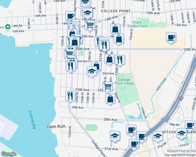 map of restaurants, bars, coffee shops, grocery stores, and more near 23-40 127th Street in Queens
