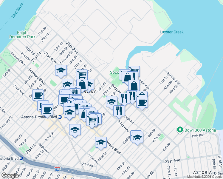 map of restaurants, bars, coffee shops, grocery stores, and more near 20-28 36th Street in Queens